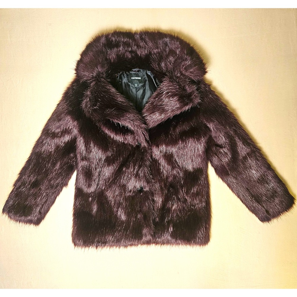 Express Faux Fur Coat Womens M Burgundy Oxblood Plush Mob Wife Statement Jacket